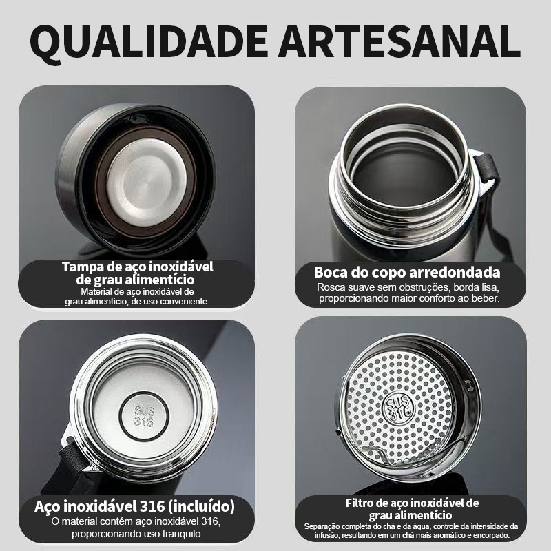 Detalhes do Garrafa 1000ml Aço Inoxidável Térmico Com Infusão De Capuz Prateado Effeclog Caphé Alça