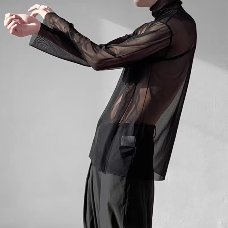 CP090 Camiseta masculina Sexy preta transparente tecido de gaze muscular corpo masculino manga comprida Top Fashion
