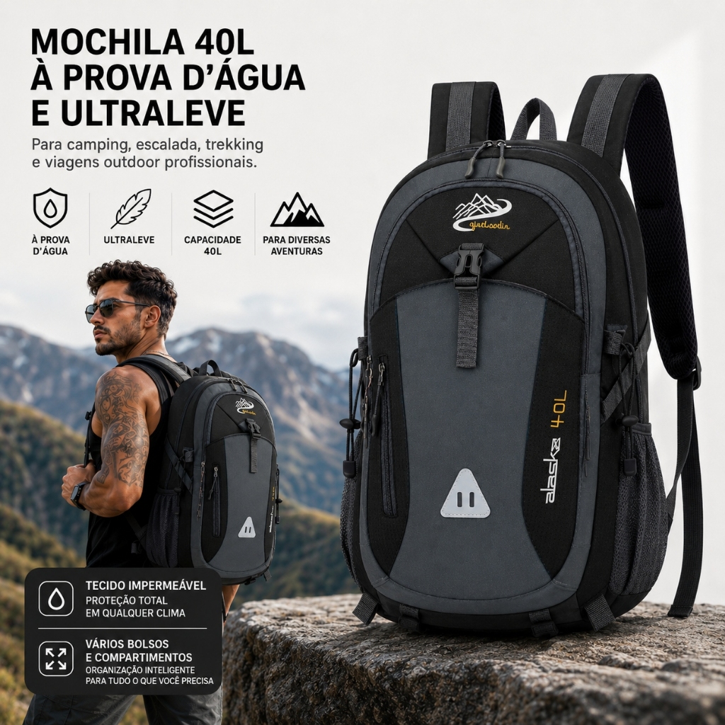 Mochila Dobrável 40L Impermeável e Ultraleve | Camping, Escalada, Caminhadas, Viagem Outdoor Profissional