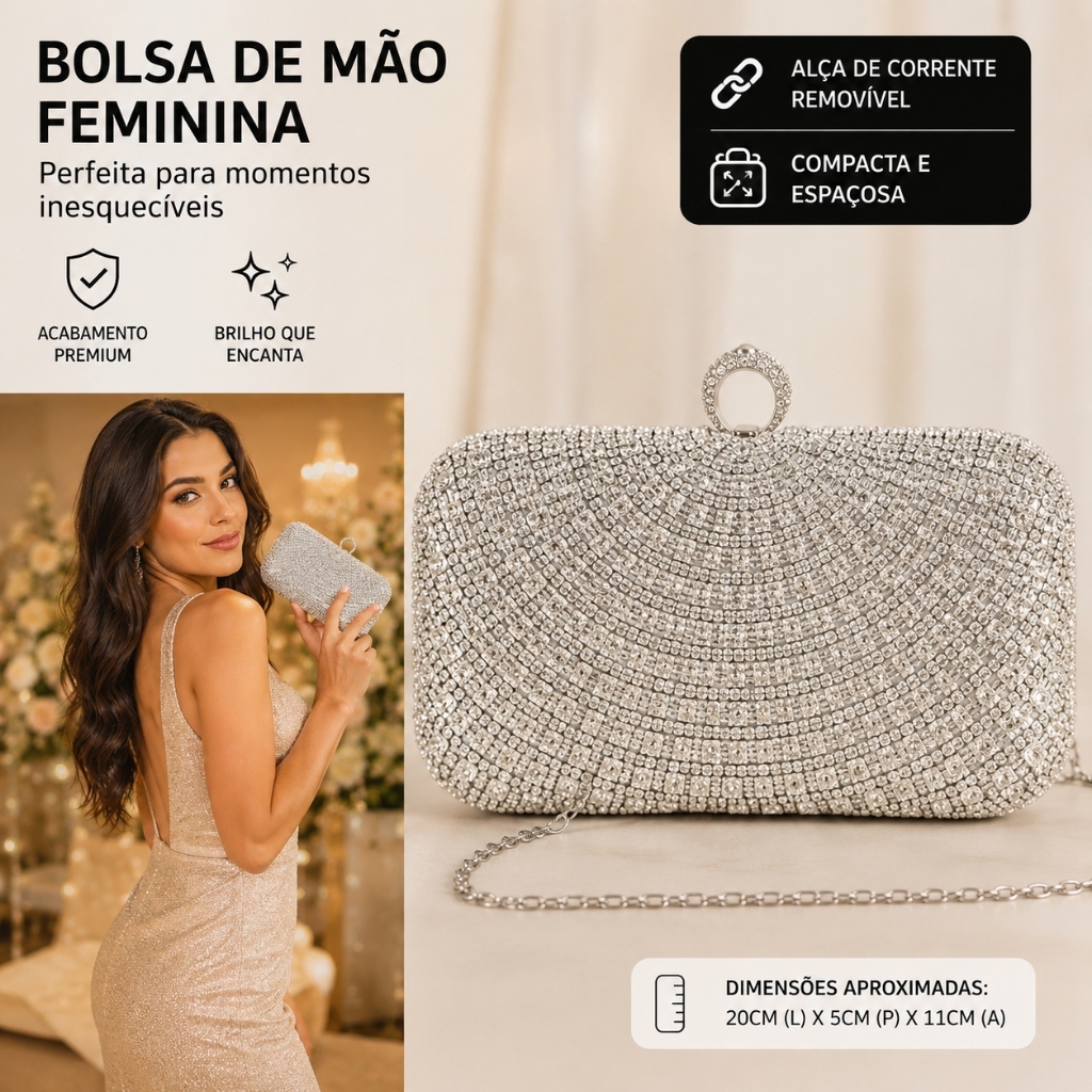 Bolsa Clutch Feminina com Corrente Removível para Casamento Formatura e Festas Elegantes