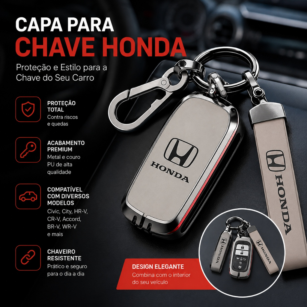 PU Capa Chave Honda Couro Metal Chaveiro Protetor Civic City HR-V CR-V Accord BR-V WR-V Acessório Automotivo Elegante