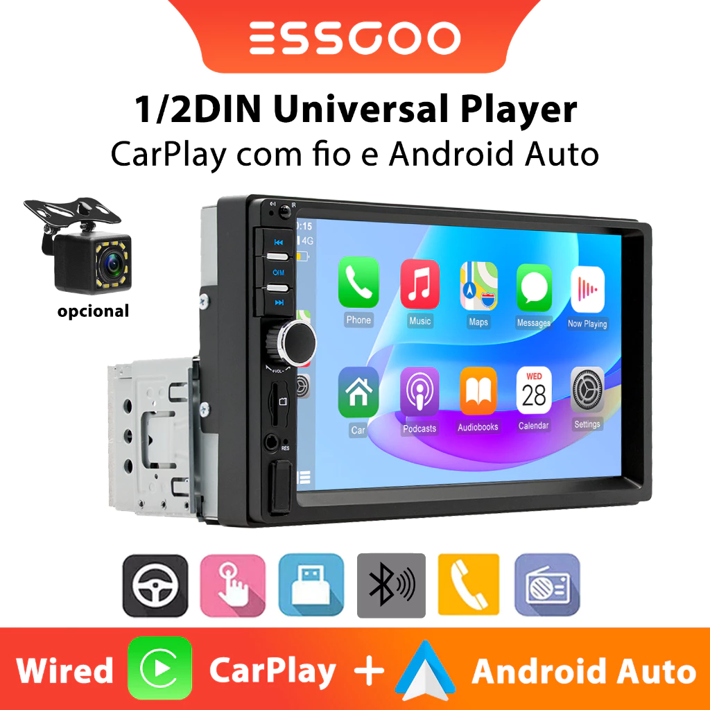 ESSGOO 7 polegadas 1/2 Din 7018B Central Multimídia Automotiva com Tela Sensível ao Toque, CarPlay/Automático/MirrorLink