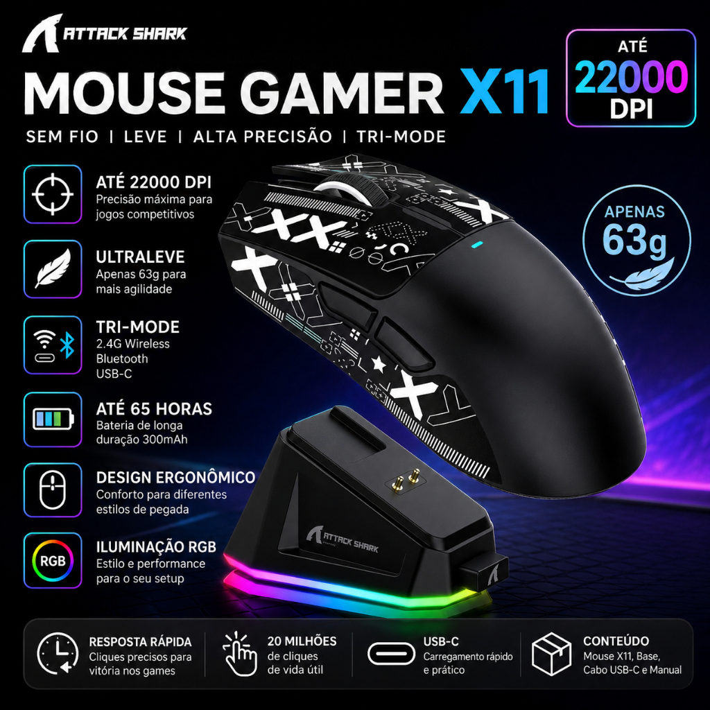 Attack Shark Mouse Gamer Sem Fio Leve X11 22000 DPI RGB Base Carregamento Tri Mode 2.4G Bluetooth USB C Alta Precisao