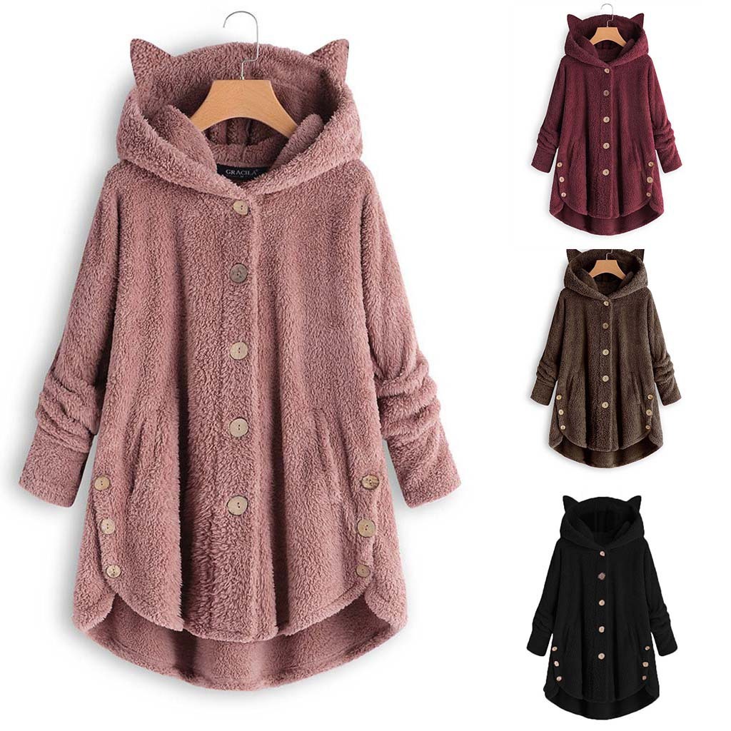 Nova Moda Outono Inverno Feminino Botão Casacos Senhoras Quente Teddy Pelúcia Jaquetas Com Capuz