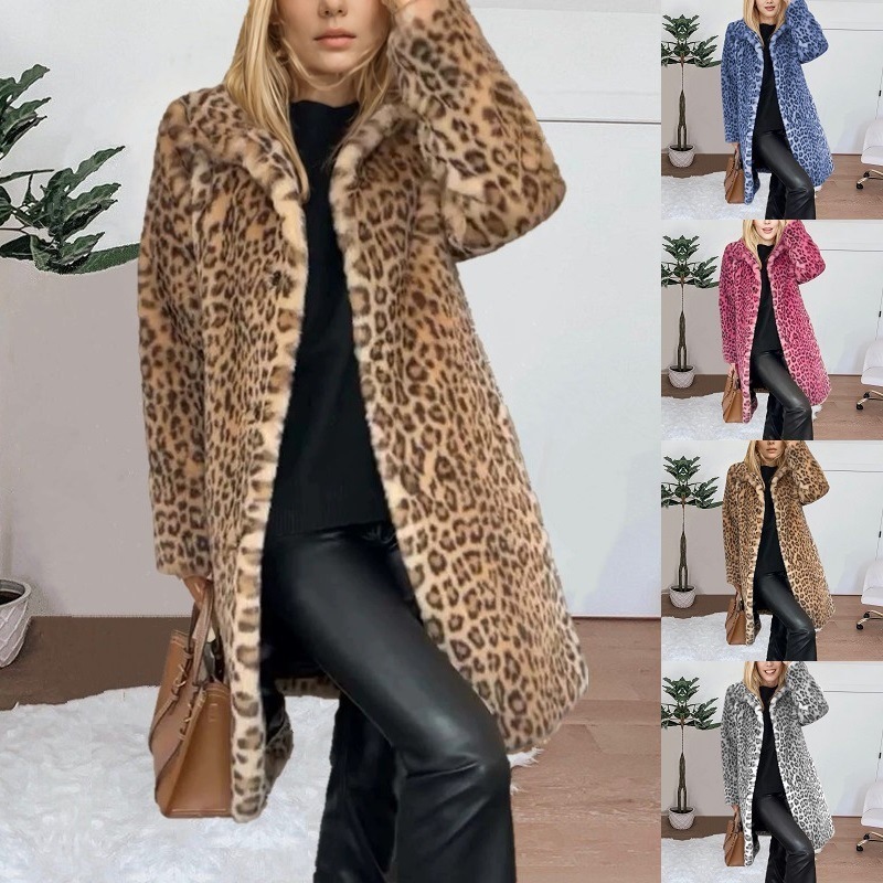 Casaco Feminino De Leopardo De Pele Sintética Inverno Quente Lapela Gola Fuzzy Jaquetas De Lã Com Frente Aberta