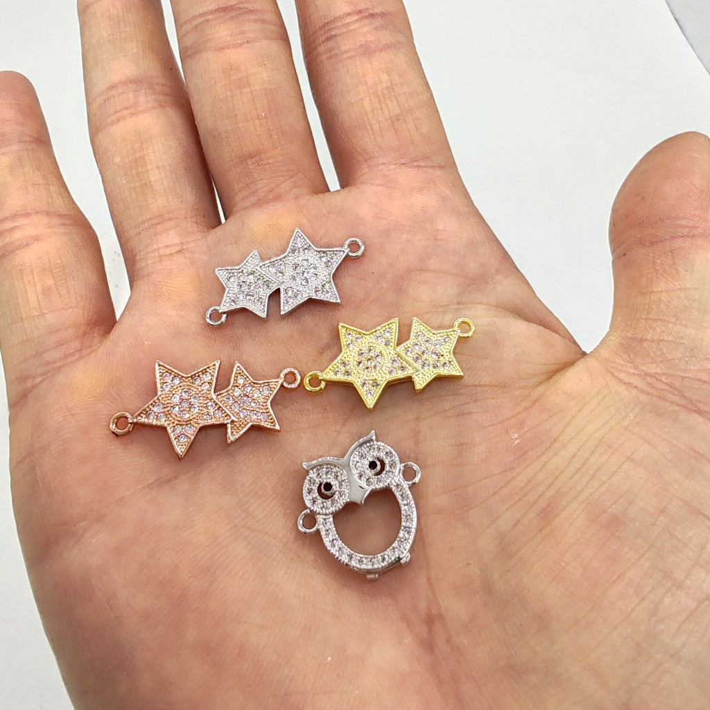 1 Peça Ródio/Ouro Rosa Cobre Banhado A Micro Pave Branco Transparente Animal Coruja/Pingente De Conexão De Estrela Dupla