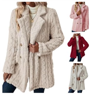 Casaco Feminino De Lã Felpudo De Pelúcia Quente De Inverno Com Lapela E Manga Comprida