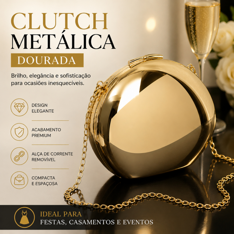Clutch Metálica Dourada Feminina Bolsa de Festa Elegante para Jantar e Ocasiões Especiais
