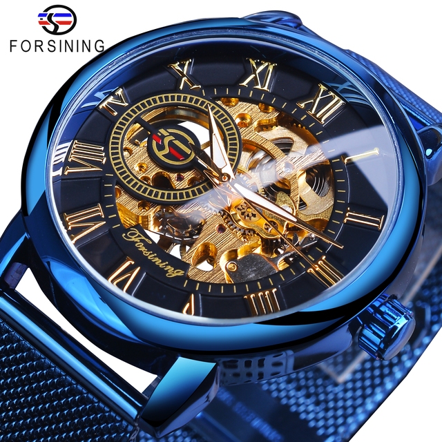 Forsining Esqueleto Azul Masculino Relógio Mecânico Mão Vento Ultra Fino Analógico Malha Banda De Aço Casual Militar Rel