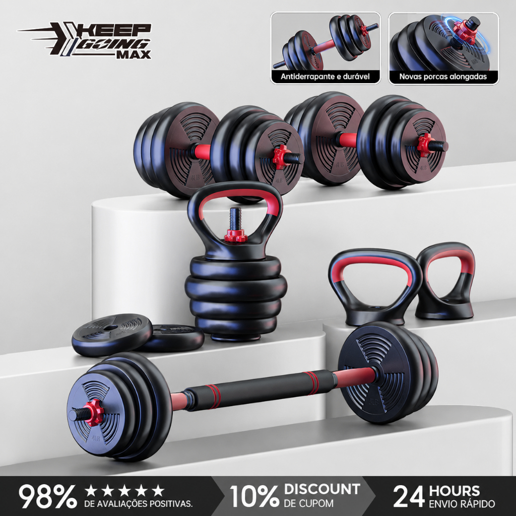 KEEP Halter Ajustável 10kg 4 em 1 com Kettlebell – Equipamento Fitness para Treino em Casa
