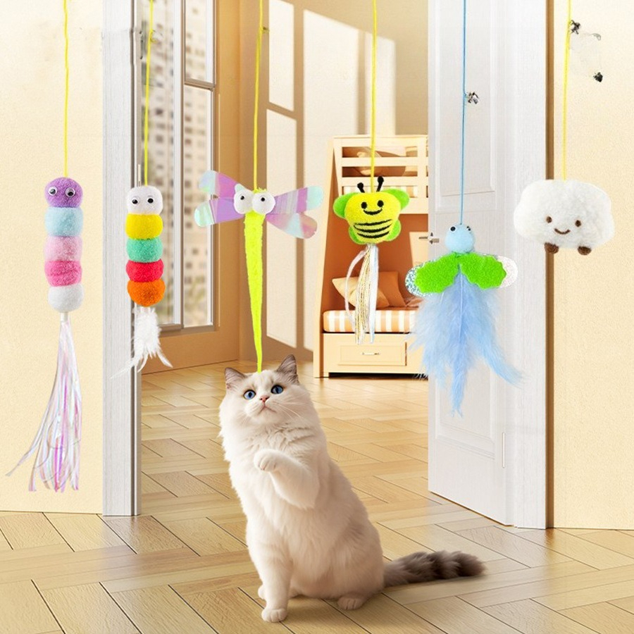 Brinquedo De Gato Suspenso Extensível Com Corda Elástica De Penas Interativo Para Animais De Estimação Gatos Alivia O Té