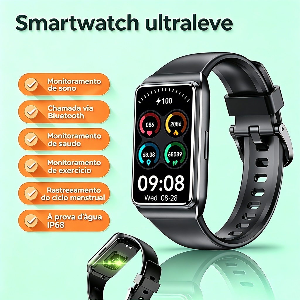 Smartwatch Feminino Ultra Leve H68 30 Dias Bateria Monitor Ciclo Menstrual À Prova D'água SpO2 1.47" Frete Grátis