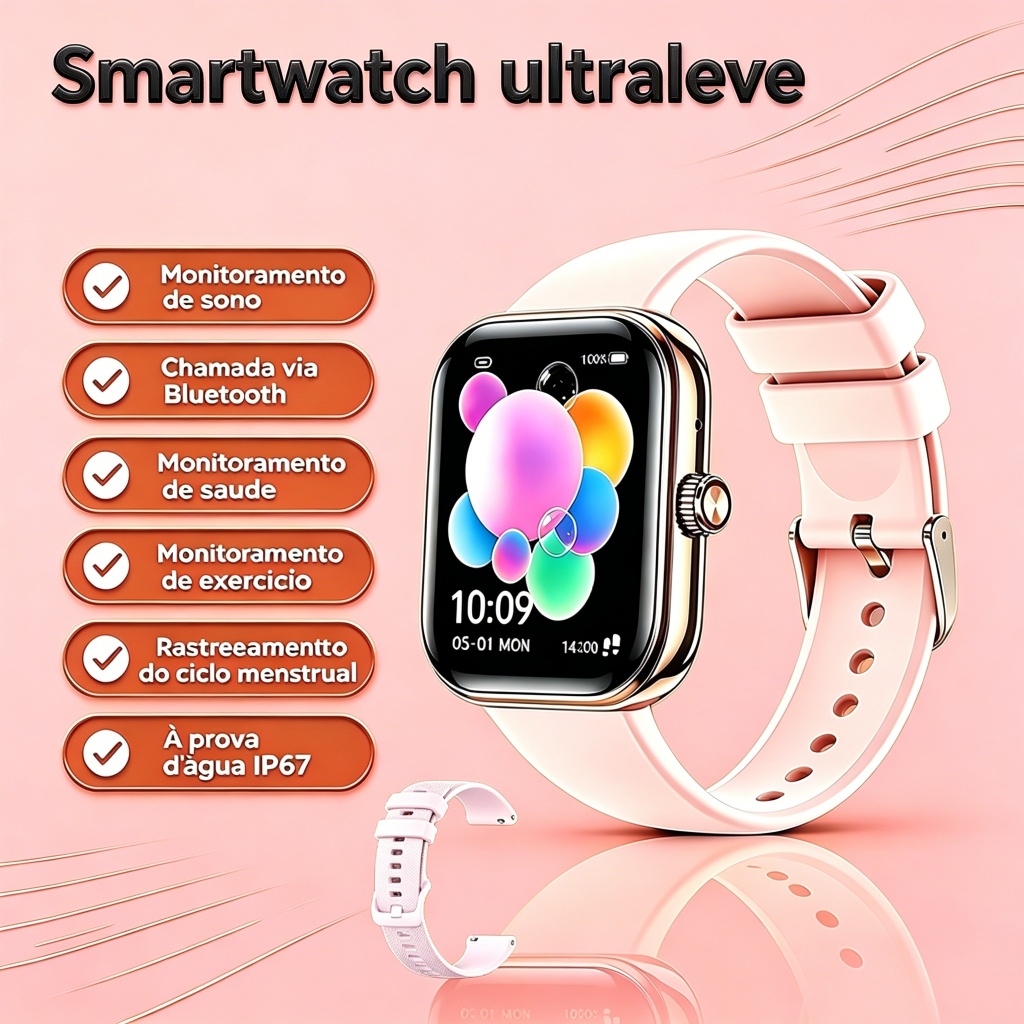 Smartwatch Feminino H10 Bluetooth Chamadas Monitor Ciclo Menstrual Pressão SpO2 Tela HD 100 Esportes IP67 Frete Grátis