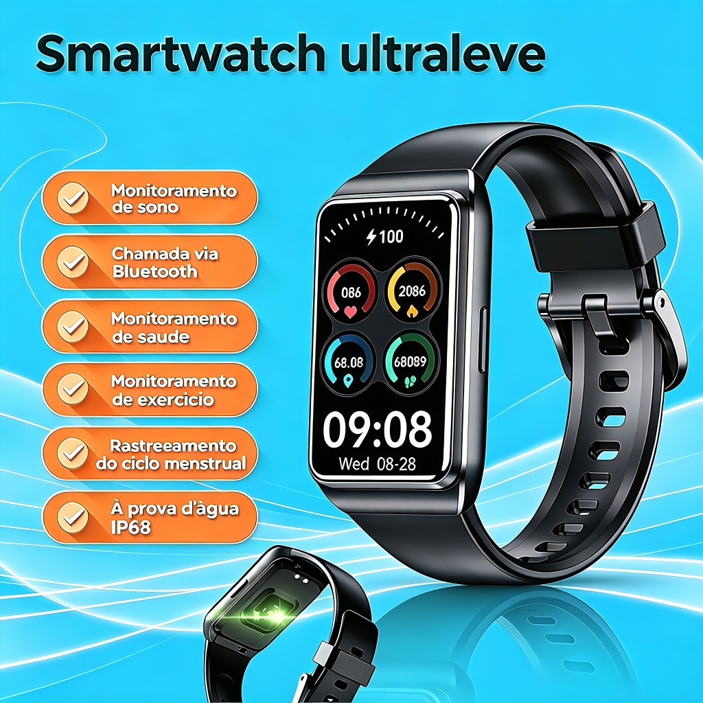 Smartwatch Feminino Ultra Leve H68 30 Dias Bateria Monitor Ciclo Menstrual 1.47" À Prova D'água SpO2 Rosa Frete Grátis