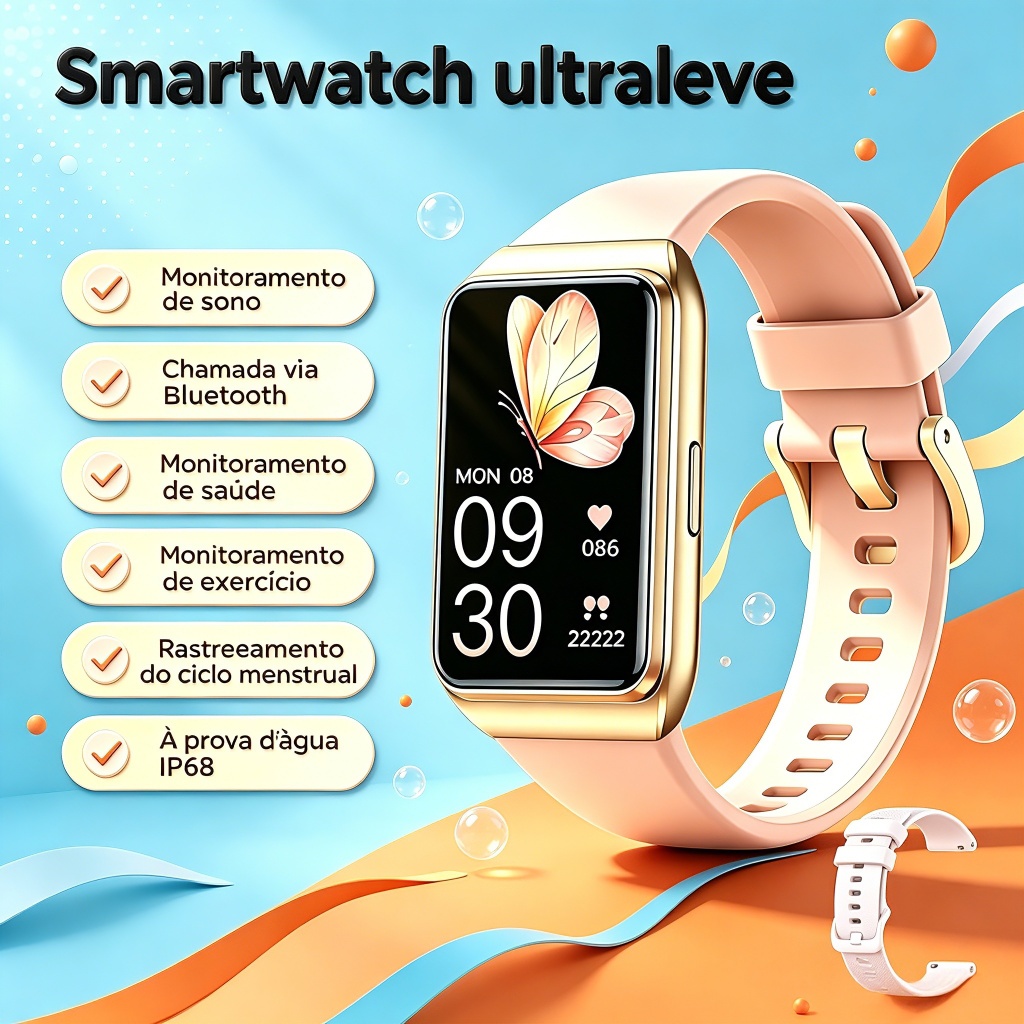 Smartwatch Feminino H68 Relógio Amoled SpO2 Menstrual Sono Impermeável Bluetooth Bateria Longa 2Pulseiras Frete Grátis