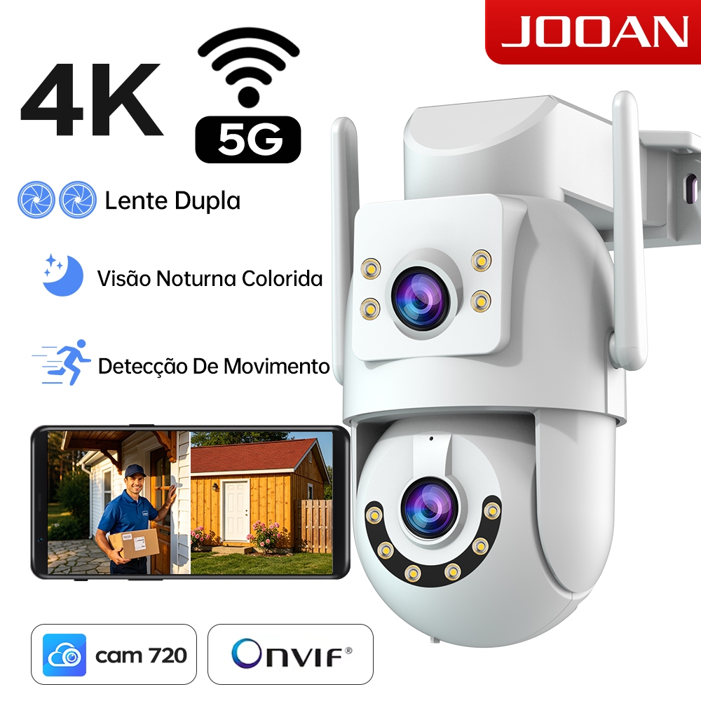 JOOAN Câmera sem fio com WiFi 5G lente dupla e tela à prova d'água, áudio bidirecional PTZ externo