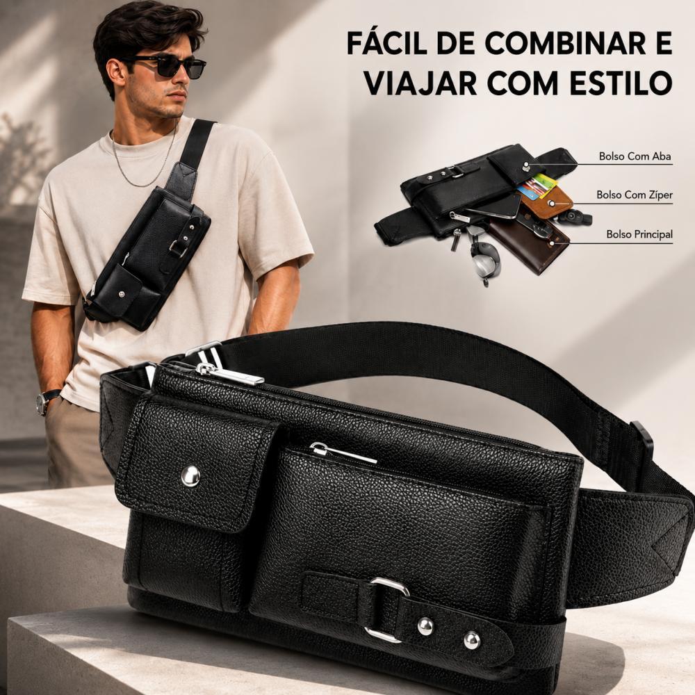 Pochete Masculina Transversal Couro Luxo Bolsa Peito Cintura Grande Capacidade Viagem Estilo Moda