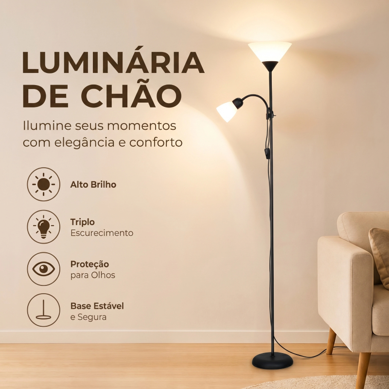 Luminária de Pé com Duplo Foco de Luz Bivolt -Triplo Escurecimento Luz Suave Proteção Ocular Ideal para Sala e Quarto