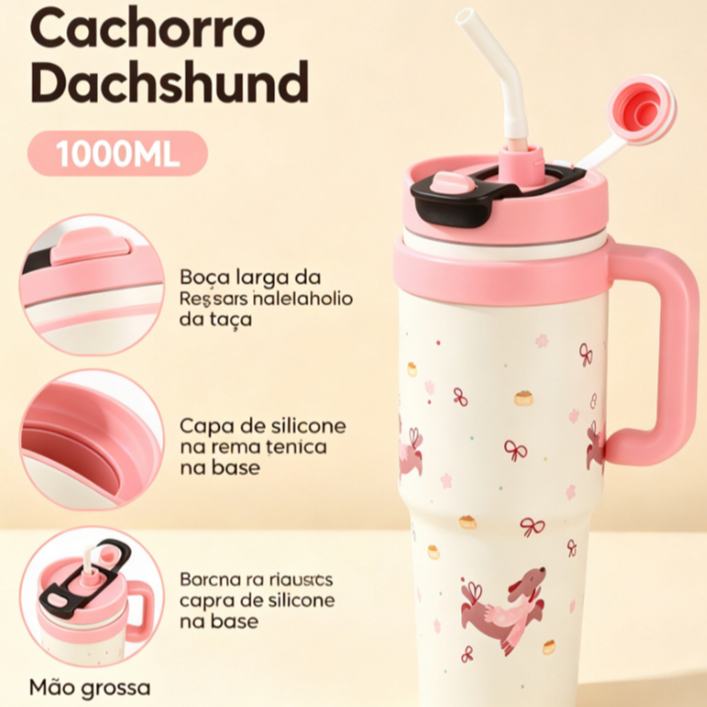1000ML Copo Térmico Gigante com Grande Capacidade Copo de gelo em aço inoxidável com alça e canudo