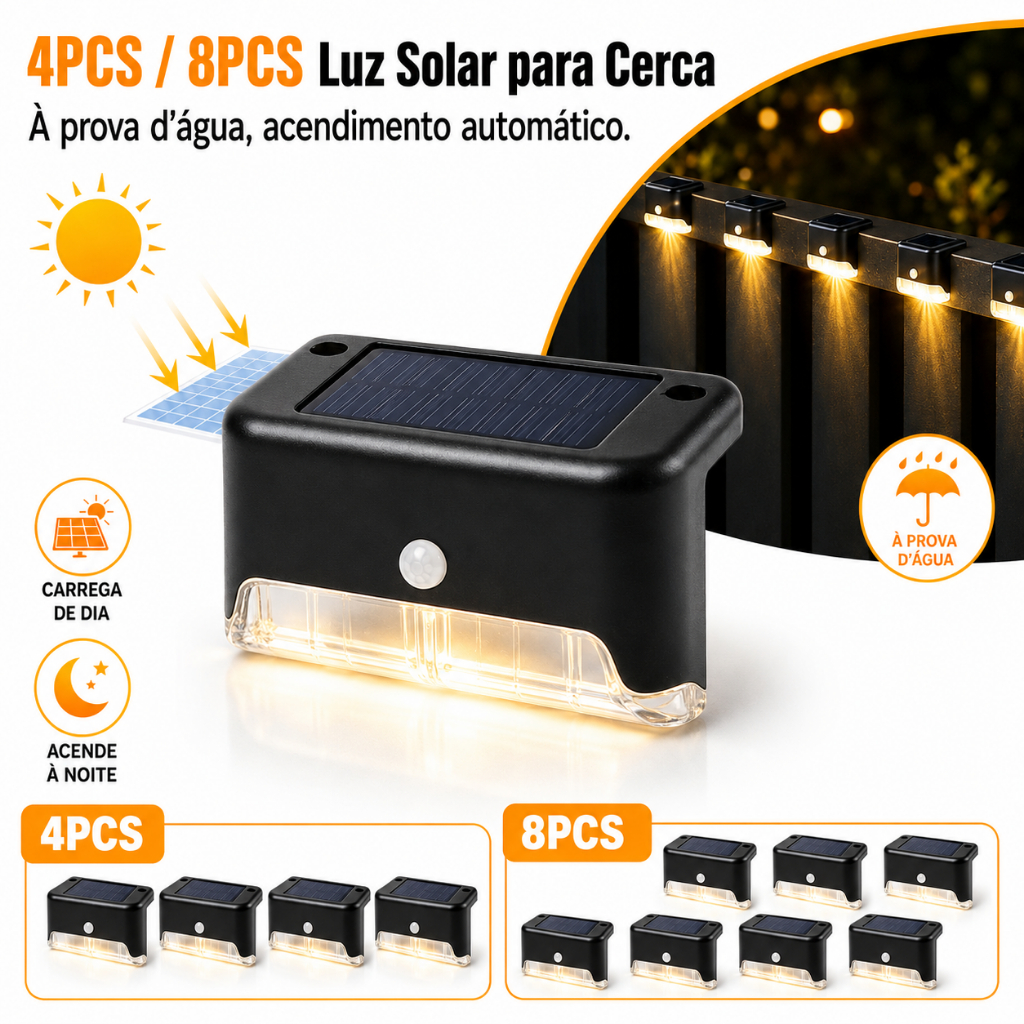Kit Luminária Solar 8pcs De Escada e Parede a Prova Dágua Para Decoração Externa De Jardim e Muro