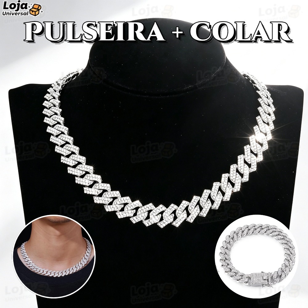 Conjunto de colar e pulseira cubano colar com corrente cravejada de diamantes colar masculino de diamantes hip hop-LU