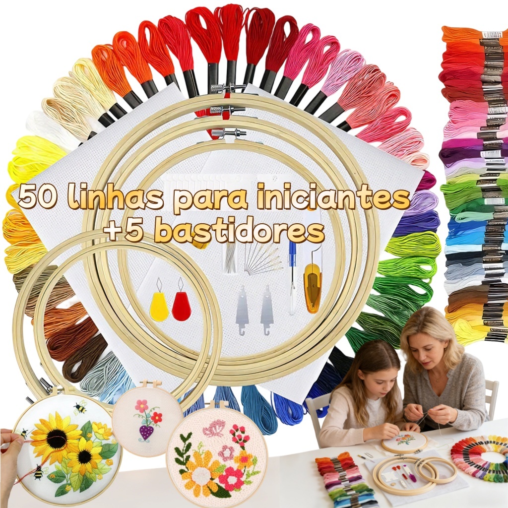 Kit Bordado Lanmax Ponto Cruz para Bordar Iniciante Completo,5 bastidores + 50 linhas para iniciantes Bordado e costura