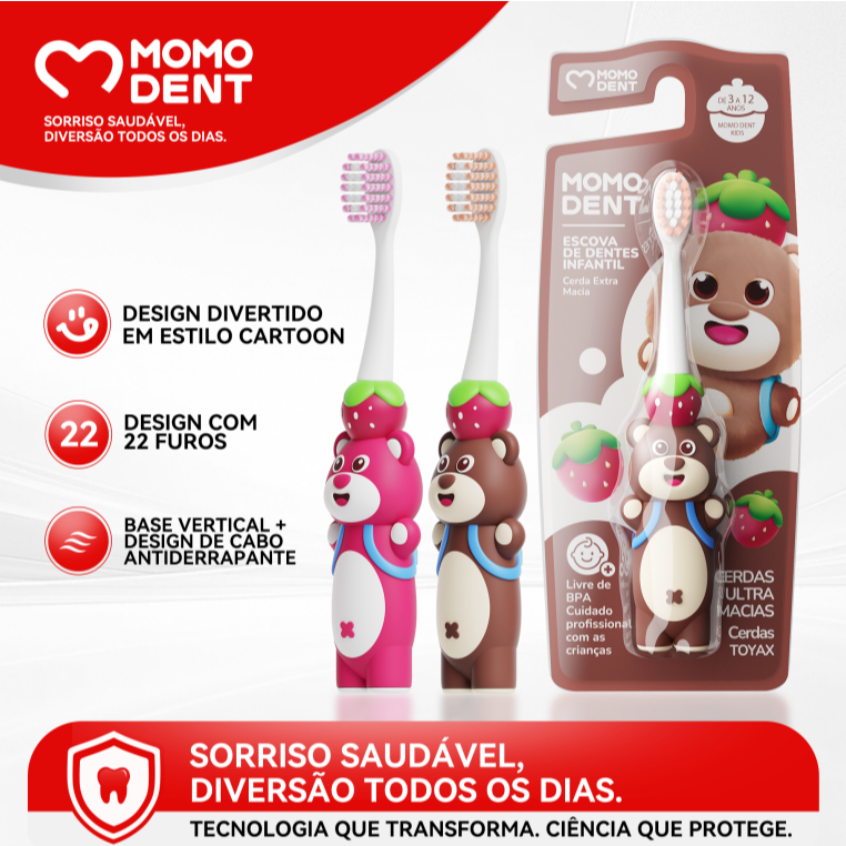 Momodent Escova de Dente Infantil, 3-12 Anos, Design Cartoon Fofo e Autoportante