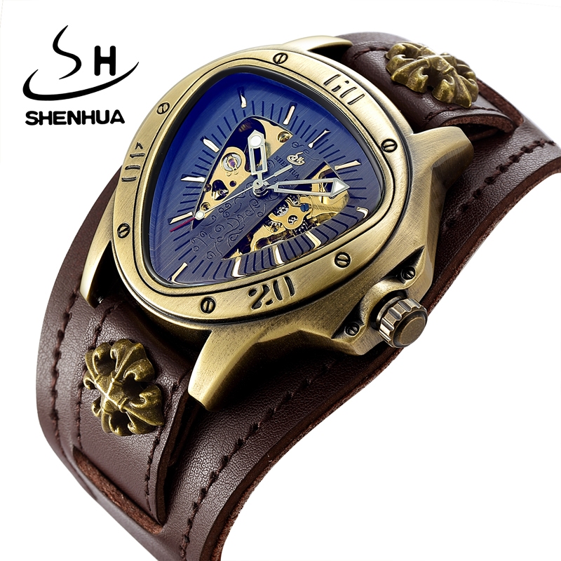 SHENHUA Luxo Esqueleto Triângulo Relógio Masculino Retro Bronze Dial Automático Relógios De Pulso Mecânico Pulseira Pret
