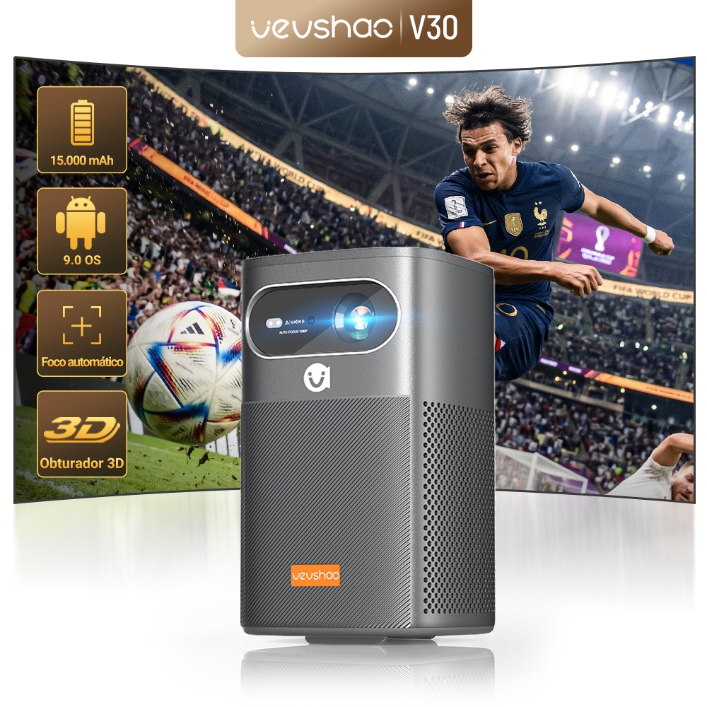 Projetor Externo VEVSHAO V30 1080P 4K Bateria Embutida 3D Foco Automático Portátil