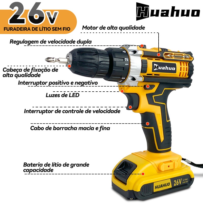Parafusadeira Furadeira Elétrica Amarela / Verde 26V/68V 2 Baterias Com Maleta e Acessórios Completo — foto 9
