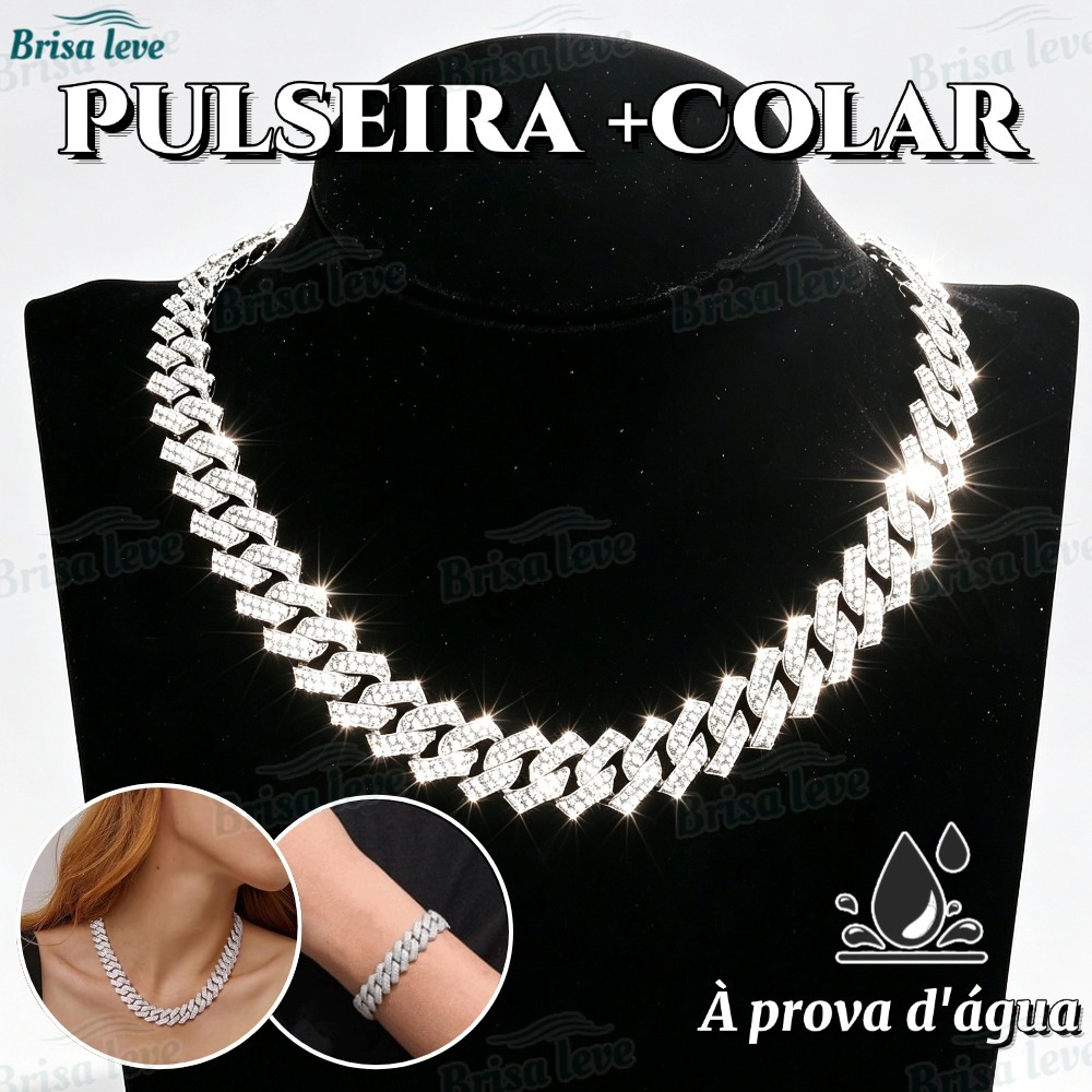 Conjunto de colar e pulseira cubano colar com corrente cravejada de diamantes colar de diamantes hip hop Homens e mulher