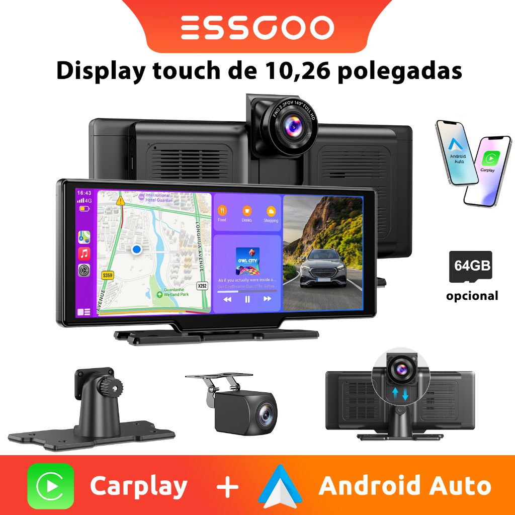 ESSGOO Central Multimídia Automotiva com Lente Dupla 4K + 1080P e Tela de 10,26 polegadas com Controle de Voz e CarPlay
