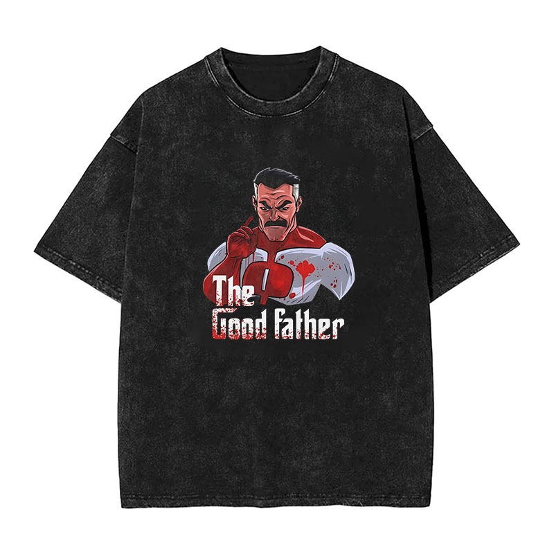Invincible Omni-Man " O Bom Pai " Camiseta Preta Lavada Vintage , Super-Herói Vilão Gráfico Casual Grande
