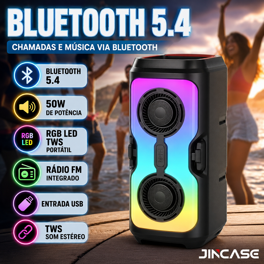 Caixa de som Bluetooth 5.4 Portátil Longa Duração Com Portátil FM Led RGB USB TWS 50W Para Praia, Festa ou Viagem