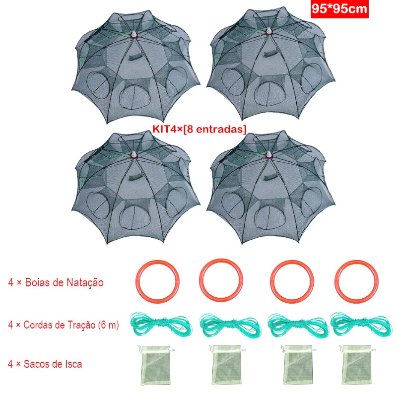 Kit 16 Armadilha Covo Peixe Isca Viva Lambaris Camarões 95x95cm/ peixes com 8 entradas Rede Retrátil