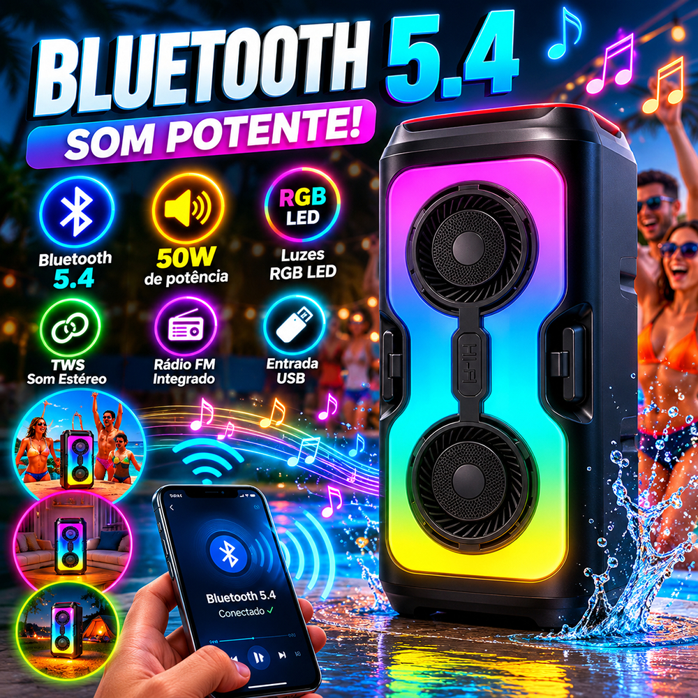 Caixa de som Bluetooth Portátil Longa Duração Com Led RGB Portátil FM USB TWS 50W Para Praia, Festa ou Viagem