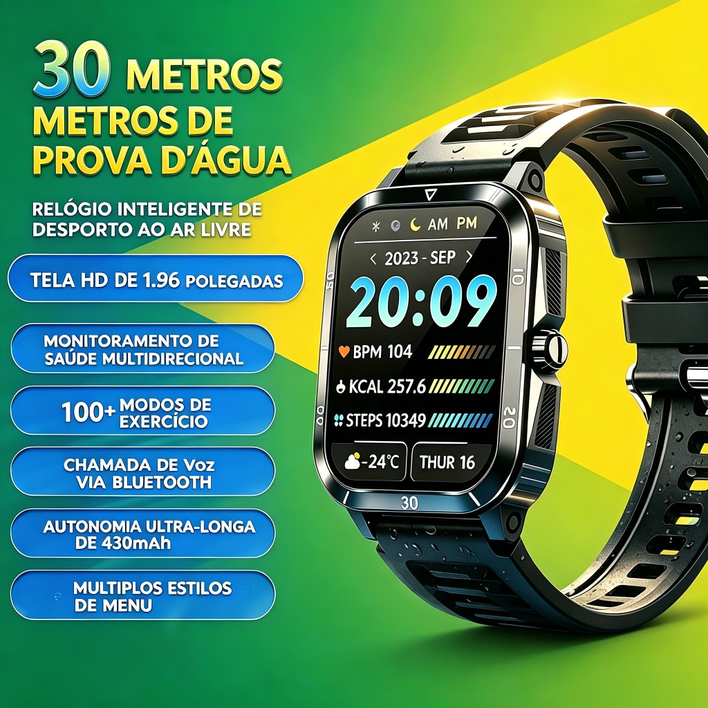 Smartwatch Masculino Esportivo H02 Tela 1,96" Bateria Ultra Longa 30 Dias Chamada Bluetooth 3ATM Oxímetro Frete Grátis