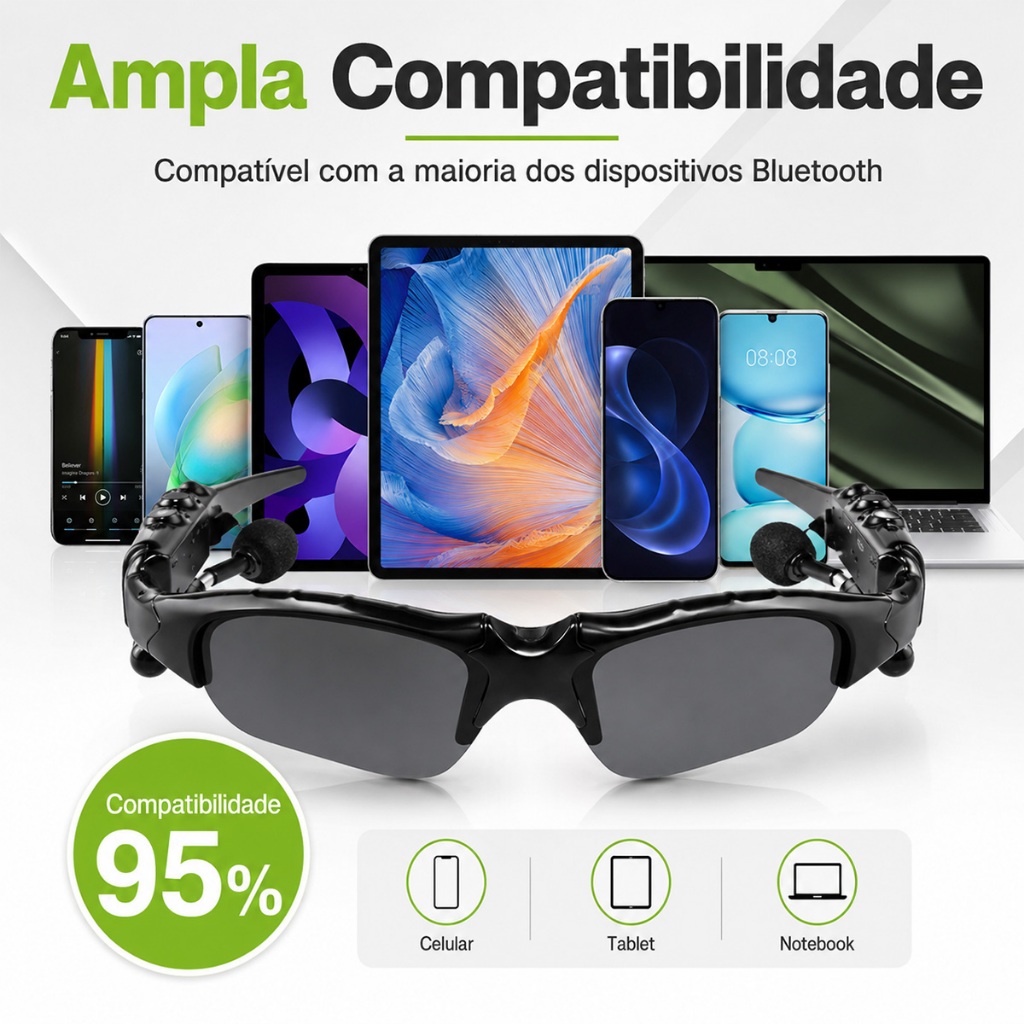 Fone de ouvido portátil sem fio para óculos de sol esportivos, adequado para fones de ouvido Bluetooth Android e iPhone