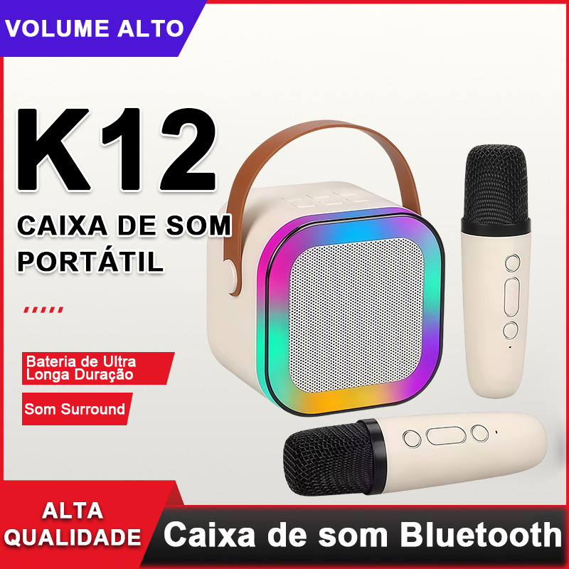Caixa de Som Bluetooth Portátil com 2 Microfones | Kit Karaokê Infantil com Luz RGB e Longa Bateria