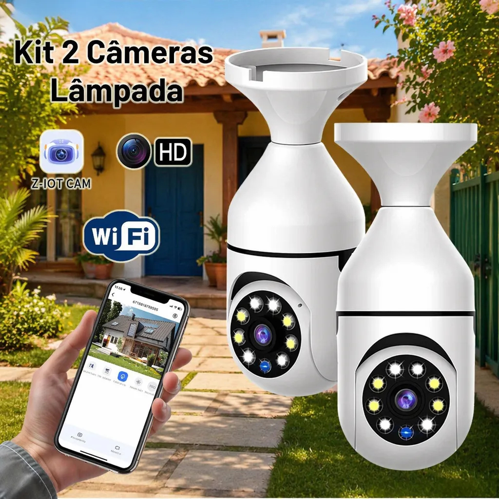 Kit 2 Câmeras De Segurança À Prova D'água Infravermelha Sem Fio Externa 360 ° Lâmpada WiFi