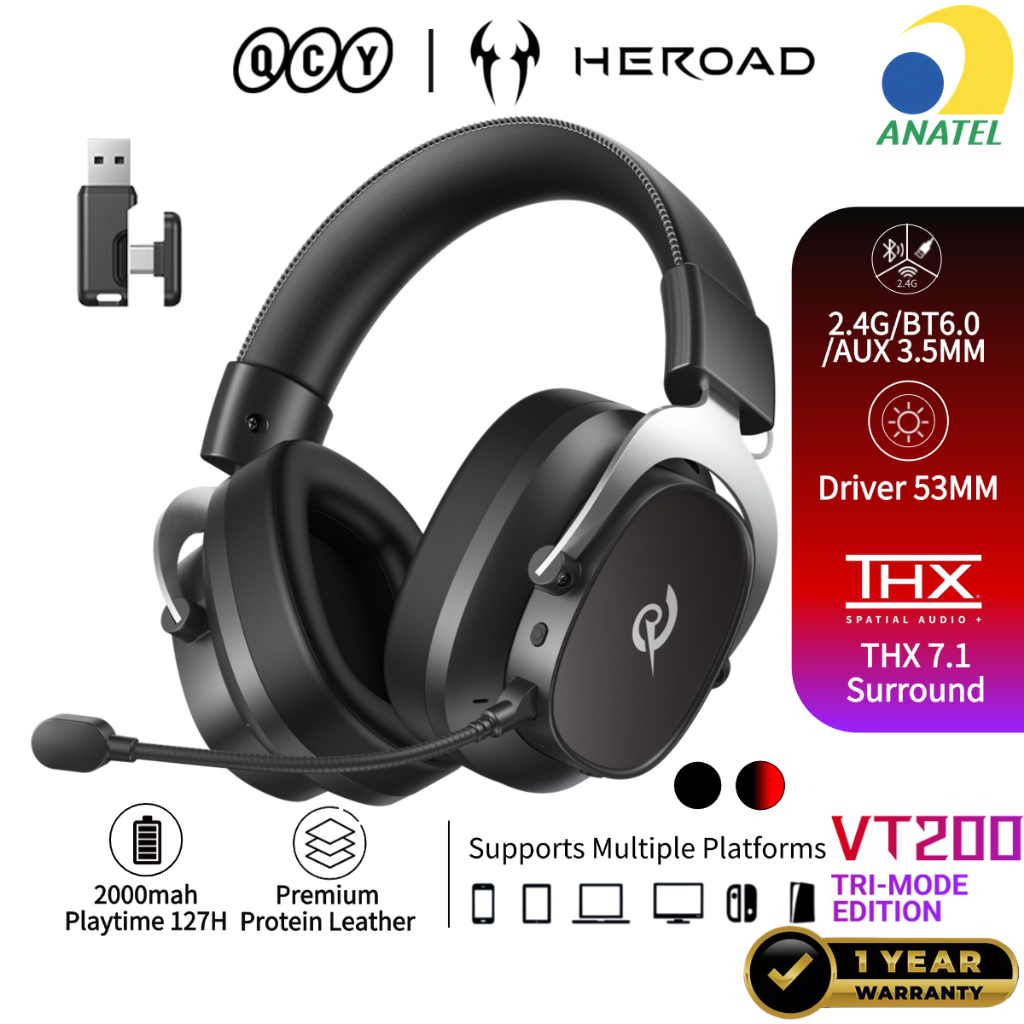 QCY Headset Gamer Sem Fio HEROAD VT200 THX7.1 2.4G Bluetooth6.0 20ms 130H Driver 53mm PC PS5 Celular