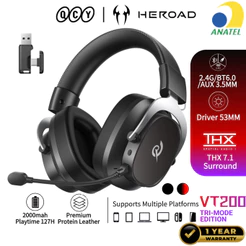QCY Headset Gamer Sem Fio HEROAD VT200 THX7.1 2.4G Bluetooth6.0 20ms 130H Driver 53mm PC PS5 Celular