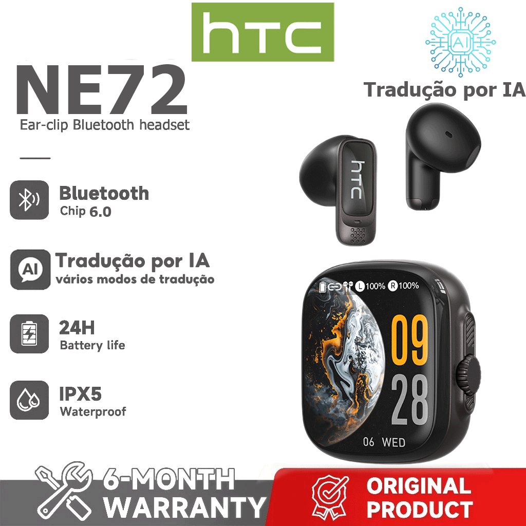 Garantia de um ano HTC NE72 AI Tradução Fone de ouvido Bluetooth Versão Bluetooth 6.0 Tela HD Fone de ouvido sem fio Can