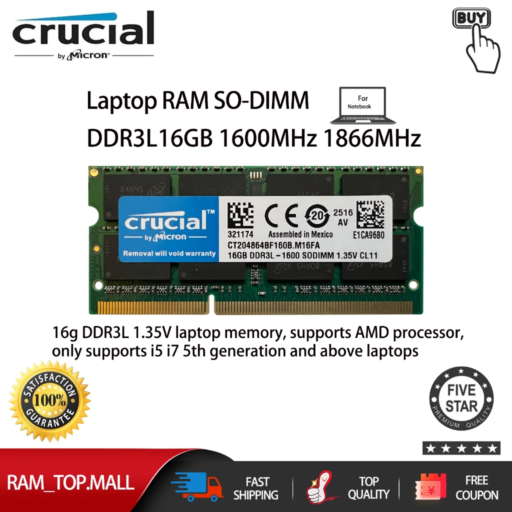 Crucial DDR3L RAM 16GB 1600MHz 1866MHz PC3L-12800S Memória Laptop 1.35V Notebook SO-DIMM
