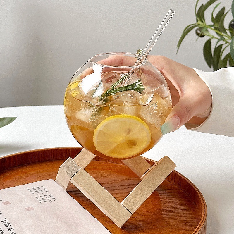 Copo De Vidro Para Bebidas Com Suporte De Madeira , Criativo , Formato Redondo Lunar , Coquetel , Smoothie , Frutas , Lu