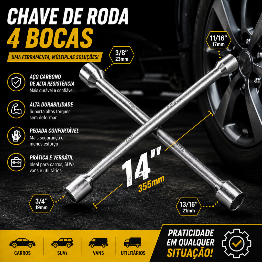 Chave De Roda Estrela Universal Para Carro AÇO 4 Bocas 17 19 21 23mm Tipo Cruz Profissional