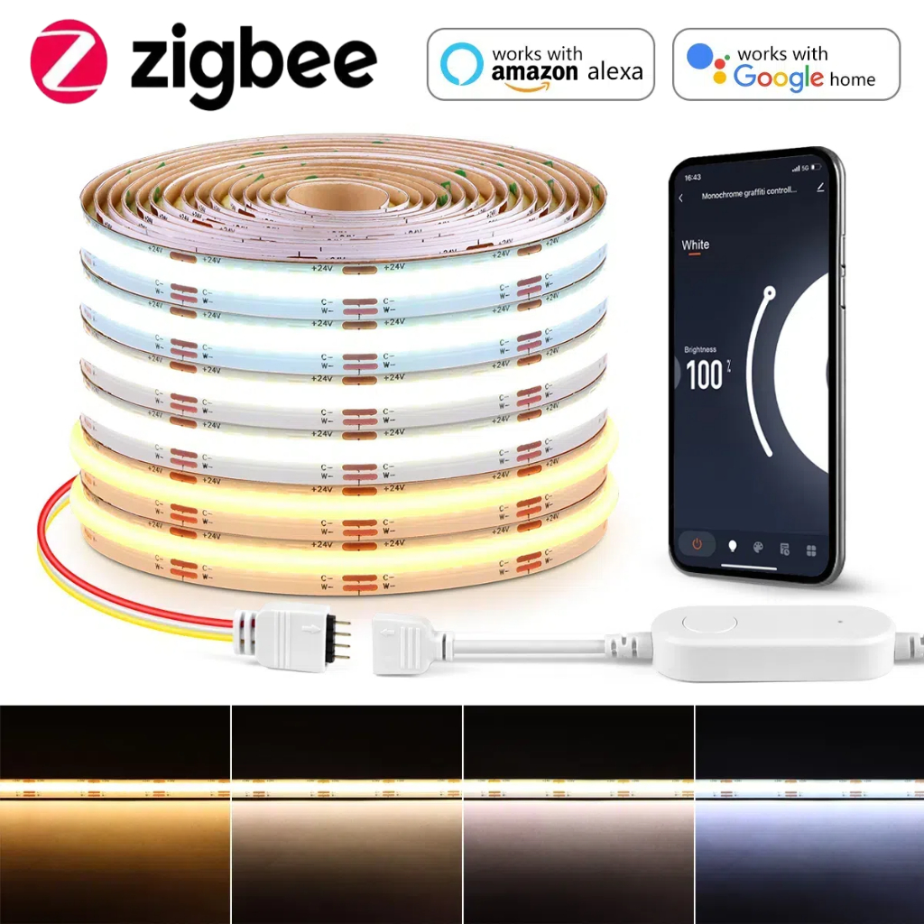 Zigbee Smart CCT COB LED Strip Light 2700K-6000K Regulável Funciona Com Hub Gateway Alexa Google Home APP Voice
