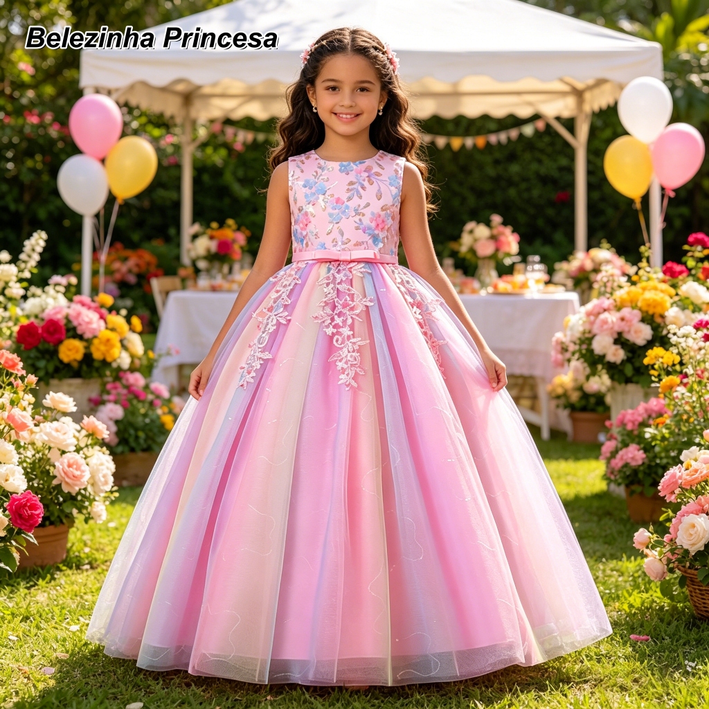 Belezinha Vestido De Festa Infantil Longo Arco-Íris Para Meninas De 3 A 12 Anos , De Aniversário