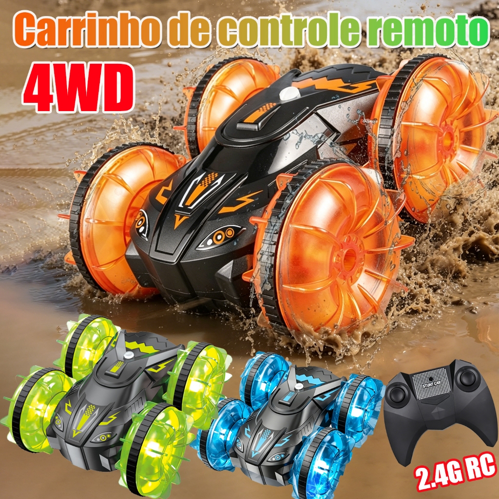 Carro de brinquedo RC anfíbio 4x4 2.4G-Controle remoto duplo carro off-road à prova d'água com acrobacias,para crianças