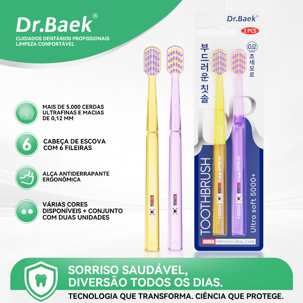 Dr.Baek Escova de Dentes Para Adultos, 5000+ Cerdas Ultramacias 0.12mm,2 unidades